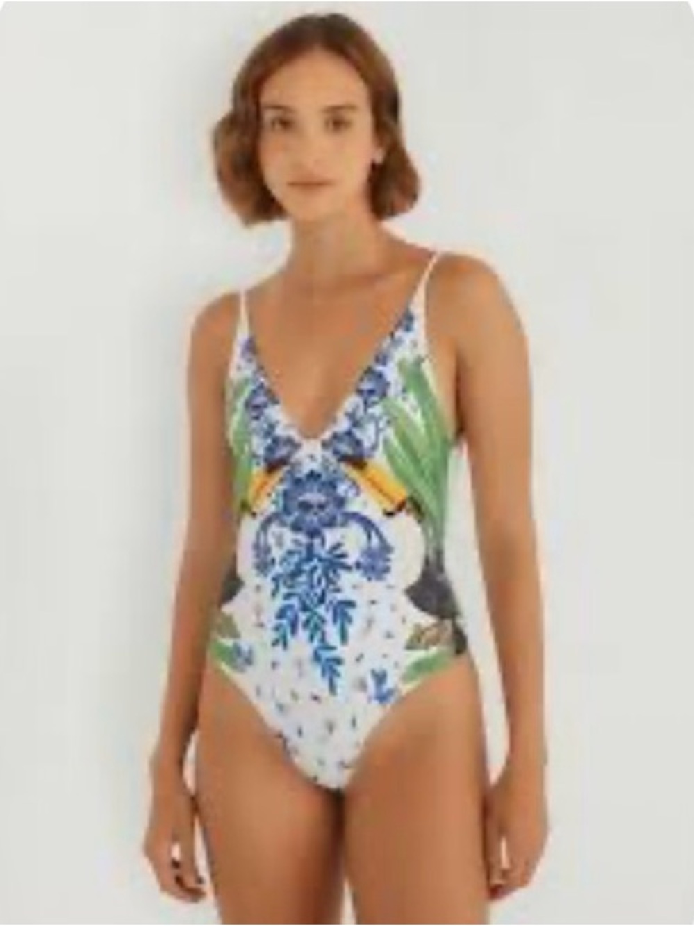 FARM Rio White One-Piece Swimsuit with Blue Floral & Green Leaf Print
